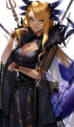 Rule 34 | 1girl, :d, arm under breasts, black dress, blonde hair, bracelet, breasts, cleavage, cleavage cutout, clothing cutout, dark-skinned female, dark skin, dragon girl, dragon horns, dragon tail, dress, facepaint, facial mark, fate/grand order, fate (series), faton, feet out of frame, female focus, fur-trimmed dress, fur trim, green eyes, highres, horns, jewelry, large breasts, long sleeves, looking at viewer, open mouth, polearm, see-through, sharp teeth, simple background, smile, solo, standing, straight hair, swept bangs, tail, teeth, trident, v-shaped eyebrows, vritra (fate), weapon, white background, wide sleeves