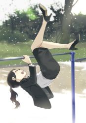 Rule 34 | 1girl, black footwear, black jacket, black skirt, blurry, blurry background, blush, brown hair, closed eyes, commentary request, day, formal, full body, hanging on, high heels, highres, horizontal bar, jacket, long hair, long sleeves, office lady, open clothes, open jacket, open mouth, original, outdoors, parted bangs, pencil skirt, petals, ponytail, shirt, shoes, skirt, skirt suit, solo, suit, teeth, tree, upper teeth only, upside-down, watch, white shirt, wristwatch, yuu (yu1you2iu3)