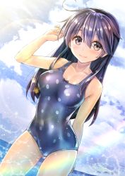 Rule 34 | 10s, 1girl, ahoge, arm behind back, arm up, black hair, breasts, casual one-piece swimsuit, cleavage, closed mouth, cloud, cloudy sky, collarbone, covered navel, day, dutch angle, horizon, kantai collection, koyuki (kotatsu358), lens flare, long hair, looking at viewer, md5 mismatch, medium breasts, ocean, one-piece swimsuit, pink lips, polka dot, polka dot swimsuit, purple eyes, resolution mismatch, sky, smile, solo, sunlight, swimsuit, thighs, ushio (kancolle), wading, water