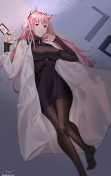 Rule 34 | 1girl, absurdres, animal ears, badge, bathrobe, black pantyhose, black skirt, blush, breasts, closed mouth, dated, finger to mouth, girls&#039; frontline, girls&#039; frontline neural cloud, highres, long hair, looking at viewer, medium breasts, no shoes, pantyhose, persica (girls&#039; frontline), pink hair, red eyes, simple background, skirt, solo, swallow zzy, sweater, turtleneck, turtleneck sweater