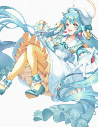 Rule 34 | 1girl, :d, absurdres, aqua bow, aqua dress, aqua eyes, aqua footwear, aqua gloves, aqua hair, blush, bow, dress, earrings, gloves, hair bow, handbell, hat, hatsune miku, highres, jewelry, kinyouny, long sleeves, multicolored clothes, multicolored dress, open mouth, pantyhose, pinafore dress, sidelocks, simple background, skirt, sleeveless dress, smile, solo, twintails, vocaloid, white background, yellow bow, yellow pantyhose, yellow skirt