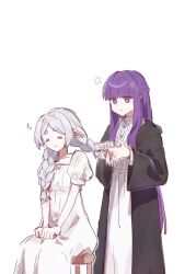 Rule 34 | 2girls, = =, anger vein, black robe, braid, braiding hair, bright pupils, closed mouth, dress, elf, fern (sousou no frieren), frieren, h a n a maru87, hairdressing, highres, long hair, multiple girls, pointy ears, pout, puff of air, purple eyes, purple hair, robe, short sleeves, simple background, sitting, sousou no frieren, twin braids, tying another&#039;s hair, white background, white dress, white hair, white pupils