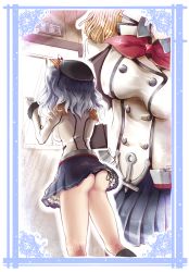 Rule 34 | 10s, 1girl, ass, bad id, bad pixiv id, black panties, blush, breasts, chunyan, epaulettes, female focus, gloves, hat, head out of frame, highres, kantai collection, kashima (kancolle), large breasts, military, military uniform, miniskirt, panties, revision, silver hair, skirt, solo, twintails, underwear, uniform, upskirt, wavy hair