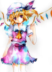 Rule 34 | 1girl, ascot, blonde hair, closed mouth, collarbone, collared shirt, cowboy shot, flandre scarlet, fragran0live, frilled shirt collar, frilled skirt, frills, hair between eyes, hat, hat ribbon, head tilt, light smile, looking at viewer, medium hair, mob cap, multicolored wings, one side up, painting (medium), puffy short sleeves, puffy sleeves, red eyes, red ribbon, red skirt, red vest, ribbon, shirt, short sleeves, simple background, skirt, skirt set, solo, touhou, traditional media, vest, watercolor (medium), white background, white hat, white shirt, wings, yellow ascot