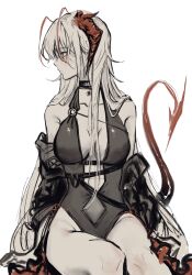 Rule 34 | 1girl, alternate hair length, alternate hairstyle, antennae, arknights, black one-piece swimsuit, breasts, center opening, collarbone, demon girl, demon horns, demon tail, grey hair, groin, highres, horns, large breasts, long hair, looking to the side, minatsunen, off shoulder, one-piece swimsuit, orange eyes, simple background, sitting, solo, swimsuit, tail, w (arknights), white background