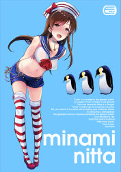 Rule 34 | 1girl, :d, anchor, animal, armpit crease, arms behind back, ascot, bare arms, bare shoulders, bird, blue background, blue sailor collar, blue shorts, blush, bow, breasts, brown eyes, brown hair, character name, choker, cleavage, collarbone, commentary request, crop top, dixie cup hat, english text, engrish text, full body, groin, half-closed eyes, hat, hat bow, high heels, idolmaster, idolmaster cinderella girls, jewelry, leaning forward, long hair, looking at viewer, medium breasts, midriff, military hat, navel, nitta minami, nose blush, open mouth, pendant, penguin, pigeon-toed, pumps, ranguage, red ascot, red bow, red footwear, sailor collar, shiroyukimajima, shirt, shoes, short shorts, shorts, sidelocks, simple background, sleeveless, sleeveless shirt, smile, solo, stomach, striped clothes, striped thighhighs, text focus, thighhighs, white choker, white hat, white shirt, white thighhighs