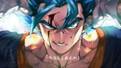 Rule 34 | 1boy, arms up, blood, blood on face, blue eyes, blue hair, dated, dragon ball, dragonball z, gloves, glowing, grin, male focus, signature, sinsin12121, smile, solo, sparkle, super saiyan, super saiyan blue, twitter username, upper body, vegetto, white gloves