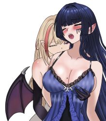 2girls bare_shoulders bat_wings blonde_hair blue_hair blush breasts cleavage closed_eyes collarbone detached_sleeves facial_mark fingernails grabbing_another&#039;s_breast groping highres ivan_ramirez kou_mariya large_breasts long_hair moaning mole mole_on_breast multicolored_hair multiple_girls nightgown one_eye_closed pointy_ears red_eyes rem_kanashibari sharp_fingernails simple_background streaked_hair v4mirai virtual_youtuber white_background wings