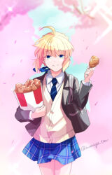 Rule 34 | 1girl, ahoge, alternate costume, artoria pendragon (all), artoria pendragon (bloom in spring) (fate), artoria pendragon (fate), bag, black jacket, blonde hair, blue ribbon, blue skirt, braid, bucket of chicken, cherry blossoms, chicken leg, cowboy shot, eating, fate/grand order, fate/stay night, fate (series), food, food on face, fried chicken, green eyes, highres, holding, holding food, iwanaga tm, jacket, looking at viewer, necktie, plaid, plaid skirt, pleated skirt, ribbon, saber (fate), school bag, school uniform, shirt, short hair, skirt, smile, solo, sparkle, striped necktie, twitter username, vest, white shirt