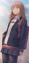 Rule 34 | 1girl, backpack, bag, black jacket, black pantyhose, blazer, brown hair, brown sweater, closed mouth, collared shirt, commentary request, green eyes, grey skirt, gridman universe, highres, jacket, long hair, long sleeves, looking at viewer, mikazuchi zeus, minami yume, open clothes, open jacket, outdoors, pantyhose, pleated skirt, school uniform, shirt, skirt, sleeves past wrists, solo, ssss.dynazenon, sunset, sweater, white shirt