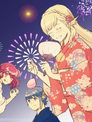 Rule 34 | 1boy, 2girls, absurdres, alfonse (fire emblem), anna (fire emblem), blonde hair, blue background, blue hair, blush, braid, breasts, closed mouth, festival, fire emblem, fire emblem heroes, fireworks, hand fan, highres, japanese clothes, kimono, long hair, looking at viewer, multicolored hair, multiple girls, night, nintendo, open mouth, paper fan, ponytail, red hair, sharena (fire emblem), shinchinagachi, short hair, simple background, smile, summer festival, uchiwa, water yoyo, white background, yukata