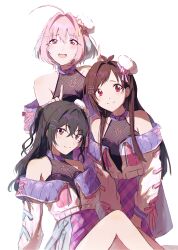 Rule 34 | #unicus (idolmaster), 3girls, absurdres, ahoge, bare shoulders, black hair, blush, breasts, brown hair, cleavage, closed mouth, collar, crossed bangs, drawstring, fang, fishnet top, fishnets, hair between eyes, hair intakes, hair ornament, hairclip, hamachamu, hands up, hat, hat ribbon, heart, heart collar, highres, idolmaster, idolmaster cinderella girls, jacket, knees up, leaning forward, light smile, long hair, long sleeves, looking at viewer, medium breasts, mini hat, mole, mole under eye, multicolored hair, multiple girls, nervous smile, open clothes, open jacket, open mouth, parted bangs, pink collar, pink eyes, pink hair, pink jacket, pink ribbon, pink skirt, purple skirt, ribbon, see-through, sidelighting, simple background, sitting, skirt, small breasts, smile, sunazuka akira, thighs, tsujino akari, two-tone hair, two-tone skirt, wavy mouth, white background, yellow ribbon, yumemi riamu