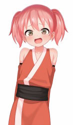 Rule 34 | 1girl, :d, arms behind back, atg (wttoo0202), brown eyes, detached sleeves, highres, japanese clothes, kimono, kunoichi tsubaki no mune no uchi, looking at viewer, open mouth, pink hair, red kimono, short hair, simple background, slit pupils, smile, solo, ume (kunoichi tsubaki no mune no uchi), white background