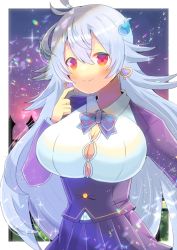 Rule 34 | 1girl, blue bow, bow, breasts, cleavage, closed mouth, collared shirt, commentary request, commission, dress shirt, earrings, ghost crystal, grey hair, hair between eyes, hand up, heart, heart earrings, houseki hime, huge breasts, jacket, jewel princess, jewelry, kou hiyoyo, long hair, long sleeves, night, night sky, pleated skirt, purple jacket, purple skirt, red eyes, shirt, skeb commission, skirt, sky, smile, solo, star (sky), starry sky, very long hair, white hair, white shirt