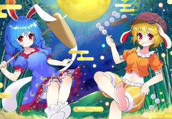 2girls, animal ears, bamboo, bangs, barefoot, blonde hair, bloomers, blue dress, blue hair, blush, breasts, brown headwear, bunny ears, cabbie hat, closed mouth, collarbone, commentary request, crescent print, crop top, dress, eyebrows visible through hair, floppy ears, foot out of frame, frills, full moon, hat, highres, holding, holding mallet, kine, legs crossed, long hair, looking at viewer, low twintails, mallet, midriff, mochi, mochi trail, moon, multiple girls, navel, night, night sky, no shoes, orange shirt, orange shorts, outdoors, puffy short sleeves, puffy sleeves, red eyes, seiran (touhou), shirt, short hair, short sleeves, shorts, sky, small breasts, smile, star (sky), star (symbol), star print, touhou, twintails, underwear, white bloomers, white legwear, yuujin (yuzinn333)