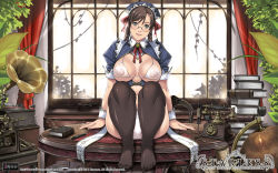 Rule 34 | 10s, 1girl, antique phone, book, bra, braid, breasts, brown hair, corded phone, empress (studio), feet, glasses, green eyes, highres, knees to chest, large breasts, lingerie, long hair, maid, maid headdress, mitarai yuuna, panties, pen, phone, plant, rotary phone, see-through, sei shoujo, sitting, solo, starless, table, thighhighs, twin braids, underwear, vines, wallpaper, white panties, will (company), window