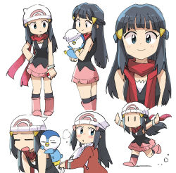 Rule 34 | 1girl, beanie, black hair, black legwear, blush, boots, closed mouth, clothed pokemon, coat, creatures (company), dawn (pokemon), eyelashes, floating hair, floating scarf, game freak, gen 4 pokemon, hair ornament, hairclip, hat, highres, holding, holding pokemon, long hair, long sleeves, looking at viewer, looking back, multiple views, nintendo, outstretched arms, pink footwear, piplup, pokemon, pokemon (creature), pokemon dppt, pokemon platinum, red coat, red scarf, running, scarf, sidelocks, simple background, smile, socks, solid oval eyes, standing, tsubobot, white background, white headwear