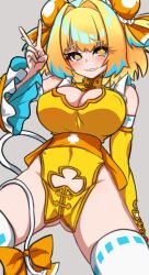Rule 34 | + +, 1girl, bare shoulders, blonde hair, blue eyes, blue hair, blush, bombergirl, breasts, chawan (yultutari), cleavage, cleavage cutout, clothing cutout, detached sleeves, dress, gluteal fold, grenade hair ornament, grin, hair ribbon, highres, large breasts, looking at viewer, multicolored hair, navel, pelvic curtain, pine (bombergirl), ribbon, short dress, short hair, simple background, smile, solo, symbol-shaped pupils, thighhighs, thighs, two-tone hair, v, white thighhighs, wide sleeves, yellow dress, yellow pupils