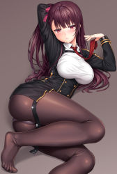 Rule 34 | 1girl, arm behind head, ass, black pantyhose, black skirt, blazer, blush, braid, breasts, closed mouth, feet, french braid, girls&#039; frontline, gloves, hair ribbon, half updo, hand up, high-waist skirt, holding necktie, jacket, lambda (kusowarota), large breasts, long hair, long sleeves, looking at viewer, lying, necktie, on side, one side up, pantyhose, pink ribbon, purple background, purple hair, red eyes, red necktie, ribbon, shirt, sidelocks, simple background, skirt, solo, strap, taut clothes, thighs, tsurime, very long hair, wa2000 (girls&#039; frontline), white shirt