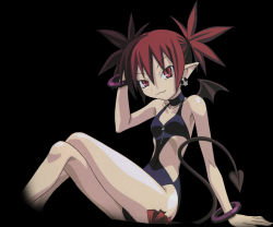Rule 34 | 1girl, puff of air, ass, black background, bracelet, breasts, curvy, demon girl, demon tail, demon wings, disgaea, etna (disgaea), female focus, highres, jewelry, long hair, looking at viewer, shiny skin, simple background, sitting, skinny, small breasts, solo, swimsuit, tail, twintails, wings, zipper
