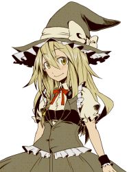 Rule 34 | 1girl, bad id, bad pixiv id, blonde hair, bow, braid, female focus, hat, kirisame marisa, long hair, misono reiji, ribbon, simple background, smile, solo, touhou, white background, witch, witch hat, wrist cuffs, yellow eyes