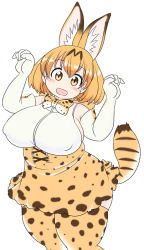 Rule 34 | 10s, 13988, 1girl, :d, animal ears, blonde hair, blush, blush stickers, bow, bowtie, breasts, cat ears, cat tail, corset, covered erect nipples, dress, elbow gloves, fat, fat rolls, gloves, head tilt, kemono friends, large breasts, looking at viewer, multicolored hair, open mouth, paw pose, plump, serval (kemono friends), serval tail, short hair, sideboob, smile, solo, spots, spotted skirt, streaked hair, striped, tail, thick thighs, thighhighs, thighs, yellow eyes, zettai ryouiki