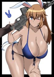 Rule 34 | 1girl, animal ears, bent over, bikini, blue bikini, blue eyes, blush, breasts, brown hair, browning automatic rifle, charlotte e. yeager, cleavage, closed mouth, collarbone, front-tie bikini top, front-tie top, gun, hanging breasts, highres, huge breasts, komusou (jinrikisha), long hair, looking at viewer, one eye closed, rabbit ears, rabbit girl, rabbit tail, rifle, shiny skin, side-tie bikini bottom, simple background, smile, solo, strike witches, string bikini, swimsuit, tail, tan, weapon, white background, world witches series