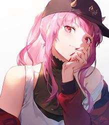 Rule 34 | 1girl, bare shoulders, baseball cap, black hat, closed mouth, hat, highres, hololive, hololive english, jacket, long hair, long sleeves, looking at viewer, mori calliope, mori calliope (streetwear), nail polish, pink hair, ponytail, red eyes, red jacket, red nails, rke, shirt, sidelocks, simple background, sleeveless, sleeveless shirt, solo, strap slip, upper body, virtual youtuber, white background, white shirt