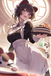 Rule 34 | &gt; &lt;, 1girl, apron, artist name, birthday cake, black dress, blunt bangs, blush, breasts, brown hair, cake, character name, confetti, cup, dress, drinking glass, drinking straw, fangs, food, happy birthday, heterochromia, highres, holding, holding tray, inui toko, inui toko (7th costume), kuro-kun (nablack), large breasts, light particles, looking at viewer, maid, maid headdress, neck ribbon, nijisanji, open mouth, red eyes, red ribbon, ribbon, sidelocks, smile, standing, tray, virtual youtuber, waist apron, white apron, wrist cuffs, yellow eyes