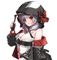 Rule 34 | 1girl, animal hood, bare shoulders, belt, black belt, black choker, black gloves, black hair, black jacket, blush, breasts, camisole, choker, cleavage, collar, detached sleeves, fingerless gloves, frilled camisole, frills, gloves, grey hair, hair between eyes, heart collar, hololive, holox, hood, hood up, jacket, large breasts, long sleeves, looking at viewer, medium hair, multicolored hair, nail polish, off-shoulder jacket, off shoulder, open clothes, open jacket, orca hood, parted lips, puffy long sleeves, puffy sleeves, red eyes, red nails, sakamata chloe, sidelocks, simple background, smile, solo, streaked hair, swept bangs, upper body, virtual youtuber, white background, white camisole, youmou usagi