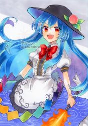 Rule 34 | 1girl, 2zuz4hru, black headwear, blue hair, blue skirt, bow, bowtie, center frills, collared shirt, commentary request, food, frills, fruit, fruit hat ornament, highres, hinanawi tenshi, holding, holding sword, holding weapon, long hair, marker (medium), open mouth, puffy short sleeves, puffy sleeves, rainbow order, red bow, red bowtie, red eyes, shirt, short sleeves, skirt, solo, sword, sword of hisou, touhou, traditional media, weapon