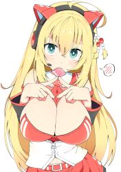Rule 34 | 1girl, ahoge, animal ears, bare shoulders, belt, between breasts, blonde hair, blush, breasts, cat ears, cleavage, condom, condom in mouth, condom wrapper, detached collar, detached sleeves, embarrassed, fingers together, green eyes, hair between eyes, hair ornament, hands up, headgear, large breasts, long hair, looking at viewer, mouth hold, necktie, simple background, skirt, solo, standing, tottotonero, tsurumaki maki, upper body, voiceroid, white background, zipper