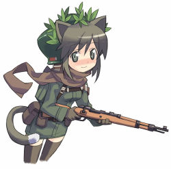 Rule 34 | 1girl, animal ears, army, belt, black thighhighs, bolt action, brown hair, brown scarf, camouflage, cat ears, cat tail, green eyes, gun, hat, helmet, karabiner 98k, leaf, looking at viewer, mauser 98, rifle, scarf, short hair, simple background, skirt, sniper, solo, standing, tail, tanaka (cow), thighhighs, uniform, weapon, white background, world war ii
