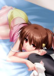 Rule 34 | 1girl, ahoge, barefoot, bell, bored, brown hair, camisole, casual, clenched hand, commentary request, day, eyelashes, eyes visible through hair, hair bell, hair between eyes, hair ornament, hair ribbon, indoors, lennon, light blush, lips, little busters!, long hair, looking at animal, lying, natsume rin, navel, on bed, on side, parted lips, pink camisole, ponytail, red eyes, ribbon, shorts, sidelocks, solo focus, thighs, white ribbon, yellow shorts, zen (kamuro)