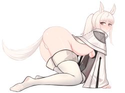 Rule 34 | 1girl, all fours, animal ears, arknights, ass, blunt bangs, blush, boxz (buxuanzhen), breasts, brown eyes, closed mouth, from side, full body, highres, horse ears, horse girl, long hair, long sleeves, looking to the side, medium breasts, no pants, no shoes, panties, platinum (arknights), ponytail, sidelocks, simple background, smile, solo, sports bra, thighhighs, underboob, underwear, white background, white hair, white panties, white thighhighs, wide sleeves