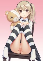 Rule 34 | 10s, 1girl, ass, black bow, black bowtie, black ribbon, black thighhighs, blouse, blush, boko (girls und panzer), bow, bowtie, brown eyes, brown hair, cameltoe, chair, cleft of venus, closed mouth, dutch angle, female focus, girls und panzer, hair between eyes, hair ribbon, knees together feet apart, light brown hair, long hair, long sleeves, looking at viewer, n.g., no panties, one side up, over-kneehighs, ribbon, shimada arisu, shirt, sidelocks, simple background, sitting, smile, solo, striped clothes, striped thighhighs, thighhighs, thighs, third-party edit, white background, white shirt, white thighhighs