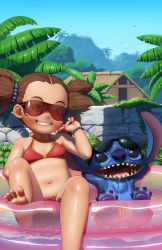 Rule 34 | 10s, 1girl, 2012, arms behind head, bad id, barefoot, bikini, black eyes, bracelet, brown eyes, brown hair, child, dated, fangs, feet, grin, highres, idfer, innertube, jewelry, jungle, kamihara yuuna, lilo &amp; stitch, male swimwear, nature, navel, notched ear, open mouth, palm tree, red male swimwear, red swim trunks, short hair, short twintails, signature, smile, soles, stitch!, stitch (lilo &amp; stitch), sunglasses, sunglasses on head, swim ring, swim trunks, swimsuit, teeth, toes, tree, twintails, wet