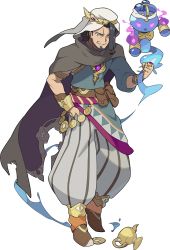 Rule 34 | 1boy, aqua shirt, armlet, artist request, asymmetrical bangs, baggy pants, bangle, beard, belt, black eyes, black hair, blank eyes, blue headwear, bracelet, brown cape, brown footwear, cape, circlet, clenched hand, crown, dark-skinned male, dark skin, facial hair, fire, full body, gem, glowing, glowing eyes, gold, grey pants, grin, hair tie, half-closed eyes, hand in pocket, hand up, happy, hat, highres, holding, janini (world flipper), jewelry, looking at viewer, male focus, moldiaga (world flipper), mustache, non-web source, official art, oil lamp, open mouth, orange socks, pants, parachute pants, pointy footwear, pouch, purple eyes, purple fire, purple gemstone, ring, shirt, shoes, short hair, simple background, single sleeve, smile, socks, spirit, striped clothes, striped pants, teeth, transparent background, two-sided cape, two-sided fabric, v-shaped eyebrows, water, white headwear, world flipper