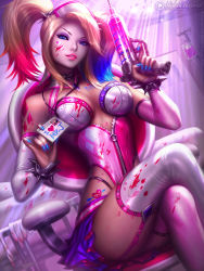Rule 34 | 1girl, blood, blood on clothes, blood on face, blue nails, dc comics, harley quinn, highres, holding, crossed legs, michelle hoefener, multicolored hair, nail polish, nurse, twintails