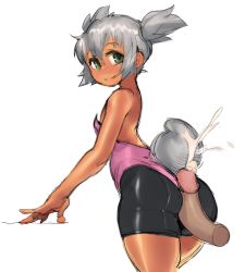 Rule 34 | 1girl, ass, bike shorts, borvar, buttjob, buttjob over clothes, cum, cum on tail, dark skin, disembodied penis, drawfag, ejaculation, from behind, green eyes, looking back, penis, peppita rossetti, rabbit tail, short twintails, silver hair, simple background, smile, souffle rossetti, star ocean, star ocean till the end of time, tail, twintails, uncensored, white background