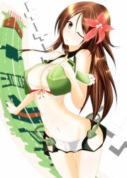 Rule 34 | 10s, 1girl, afro (5426362), amagi (kancolle), banner, bare shoulders, breasts, brown eyes, brown hair, cleavage, cleavage cutout, clothing cutout, crop top, female focus, flower, hair between eyes, hair flower, hair ornament, highres, kantai collection, large breasts, looking at viewer, midriff, miniskirt, mole, mole under eye, navel, one eye closed, open mouth, shikigami, skirt, solo, thigh gap
