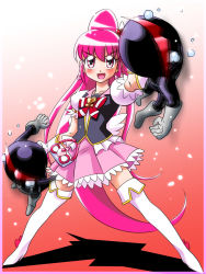 Rule 34 | 10s, 1girl, aino megumi, boots, bow, brooch, cure lovely, earrings, gloves, happinesscharge precure!, heart, heart brooch, high heels, highres, jewelry, pink eyes, pink hair, precure, puffy sleeves, saiark, solo, tears, thigh boots, thighhighs, white footwear, white thighhighs, wide ponytail, yamano takashi, zettai ryouiki