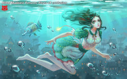 Rule 34 | 1girl, alice: madness returns, alice (alice in wonderland), alice in wonderland, alice liddell (american mcgee&#039;s alice), american mcgee&#039;s alice, apron, black hair, breasts, closed mouth, commentary, dress, green eyes, jupiter symbol, long hair, looking at viewer, shui qian he kafei, underwater