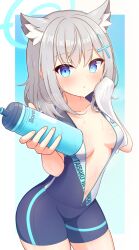 Rule 34 | 1girl, absurdres, animal ear fluff, animal ears, bike jersey, bike shorts, blue archive, blue eyes, bottle, breasts, extra ears, grey hair, hair ornament, halo, highres, holding, holding bottle, looking at viewer, medium breasts, official alternate costume, shiroko (blue archive), shiroko (cycling) (blue archive), solo, sweat, unzipped, water bottle, wolf ears, x hair ornament, yuchiberu