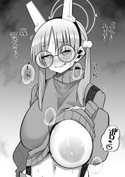 Rule 34 | 1girl, animal ears, blue archive, blush, breasts, commentary, cropped sweater, fake animal ears, glasses, greyscale, hair ornament, halo, highres, kira boshi27, large breasts, looking at viewer, moe (blue archive), monochrome, nipples, pom pom (clothes), pom pom hair ornament, rabbit ears, round eyewear, solo, sweat, sweater, translated, twintails