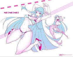 Rule 34 | 1girl, animated, armpits, bad id, bad pixiv id, bikini, blue hair, bodysuit, boots, breastless clothes, breasts, clitoris piercing, collar, dojikko pose, dress, drooling, eyelashes, fishine, high heel boots, high heels, kneeling, large breasts, linked piercing, long hair, looking at viewer, me!me!me!, meme (me!me!me!), multiple views, navel, nipple piercing, nipples, open mouth, piercing, puffy nipples, purple eyes, pussy piercing, short dress, solo, standing, striped bikini, striped clothes, swimsuit, tagme, thighhighs, third-party edit, thong, thong bikini, tongue, tongue out, very long hair, video