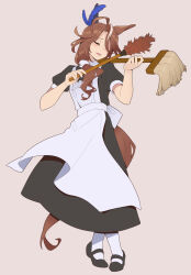 Rule 34 | 1girl, absurdres, alternate costume, animal ears, apron, black dress, black footwear, brown hair, closed eyes, crossed legs, dress, duster, enmaided, feather hair ornament, feathers, hair ornament, highres, holding, holding duster, horse ears, horse girl, horse tail, long hair, maid, maid apron, mary janes, multicolored hair, open mouth, pantyhose, shoes, short sleeves, simple background, sinnra art, smile, solo, sounds of earth (umamusume), standing, streaked hair, tail, umamusume, watson cross, white pantyhose