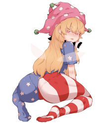 Rule 34 | 1girl, absurdres, american flag legwear, ass, bad id, bad pixiv id, blonde hair, clownpiece, colored eyelashes, fairy wings, hat, highres, jester cap, long hair, looking at viewer, looking back, neck ruff, pantyhose, pantylines, pink eyes, pink hat, polka dot, short sleeves, simple background, sitting, solo, soya6479, star (symbol), star print, striped, thick eyebrows, touhou, transparent wings, white background, wings
