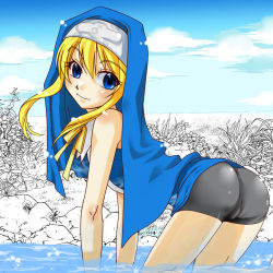 Rule 34 | 1boy, all fours, arc system works, ass, bare shoulders, bike shorts, blonde hair, blue eyes, bridget (guilty gear), guilty gear, habit, kusu (moo1225), long hair, looking at viewer, looking back, male focus, smile, solo, trap
