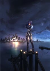 Rule 34 | 00s, 1girl, absurdres, bodysuit, city, cityscape, cloud, cyberpunk, cyborg, ghost in the shell, ghost in the shell stand alone complex, gun, highres, kusanagi motoko, landscape, night, night sky, purple hair, red eyes, rifle, scenery, science fiction, skin tight, sky, solo, weapon